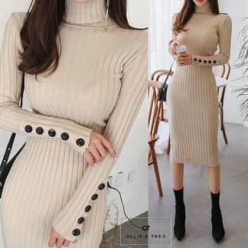 リブニット タイト シンプル 装飾ボタン タートル ワンピース