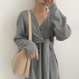 カシュクールネック ひざ丈 ニットワンピース 4色