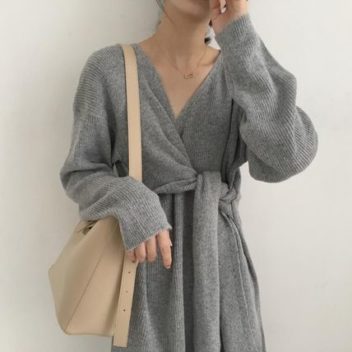 カシュクールネック ひざ丈 ニットワンピース 4色