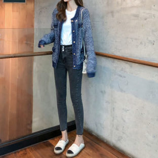 ニット カーディガン シャギー 金ボタン ルーズ 通勤 通学