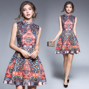 フローラルプリント ノースリーブ ミニ パーティーワンピース