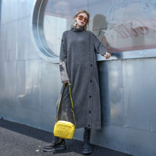 長袖ニットワンピース女性秋冬ロングスカート膝丈丈のハイネック純色の大きいサイズ ゆったりボトムス