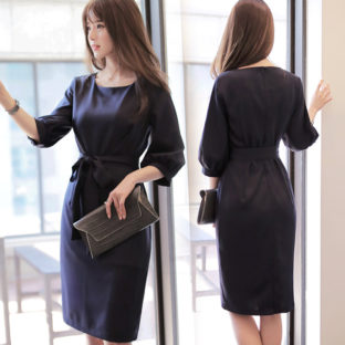 ネイビー フロントリボン 七分袖 タイト ミディアム丈ワンピース
