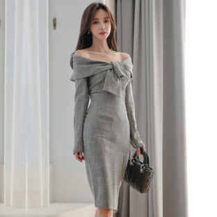 セットアップ チェック オフショルダー 魅デコルテ 深めスリット