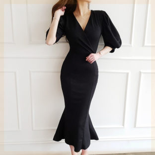 ワンピース バルーン袖 タイト マーメイド フォーマル 上品