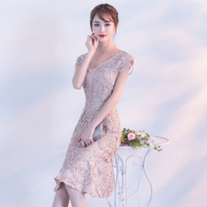 【5色】リボン 刺繍 裾フリル タイト ミディドレス ワンピース