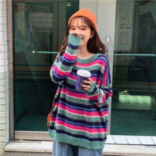 カラフル ボーダー ゆったり ニット セーター ガーリー 4色