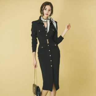 ワンピース スーツ ベルト付き ボタンダウン 通勤 OL お出かけ