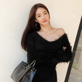 シャギー オフショル風 タイト ニット ワンピース