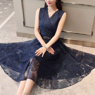 ネイビーノースリーブ Vネック フィッシュテール ワンピース