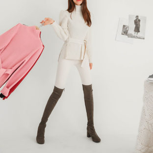 セーター ハイネック パフショルダー ステップドヘム ベルト 4色