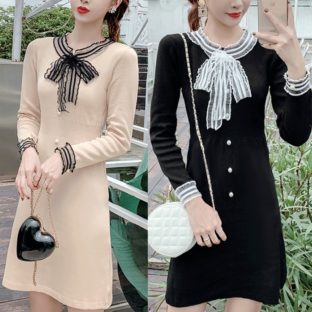 2色 フロントリボン 長袖 スリムフィット ショート丈ワンピース