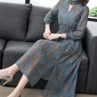 フローラルプリント ハイネック長袖 フレアパーティーワンピース