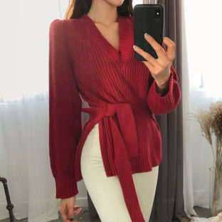 セーター パフショルダー ステップドヘム スリット ベルト 4色