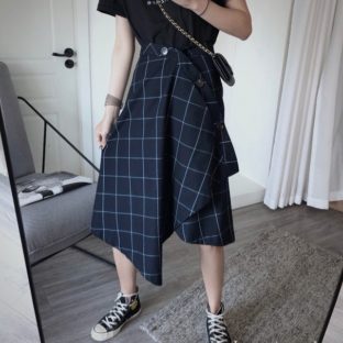 格子 チェック アシンメトリー スカート ミディ
