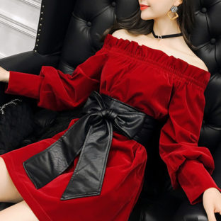 オフショルダー ベロア フリル リボン ワンピース