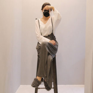 サスペンダー パンツ フリル ハイウエスト ワイド