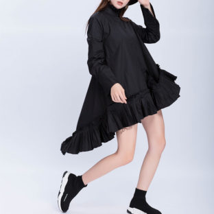 シャツワンピース ロングトップス プリーツ フリル