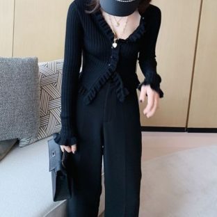 カーディガン フリル ニット Vネック リブ セーター