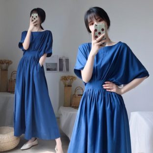 ロング フレア ワンピース ギャザー 半袖 ウエスト