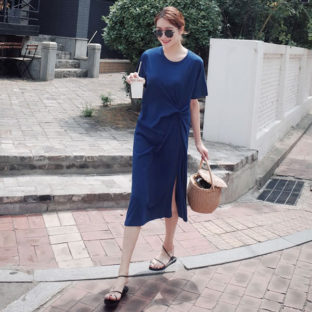 ワンピース Tシャツワンピ 体型カバー ひざ下 休日 ゆったり 2色