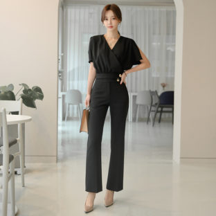 セットアップ クロップド スリット袖 ハイウエスト フレアパンツ