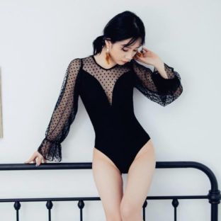 水着 シースルー 長袖 トランペット袖 背中開き バックリボン