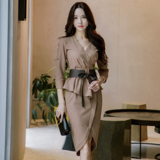 ワンピース ベルト付 ぺプラム きれいめ オフィス お呼ばれ