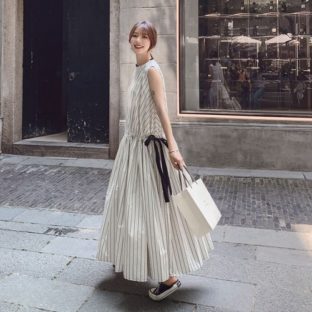 ワンピース ノースリーブ ストライプ リボン