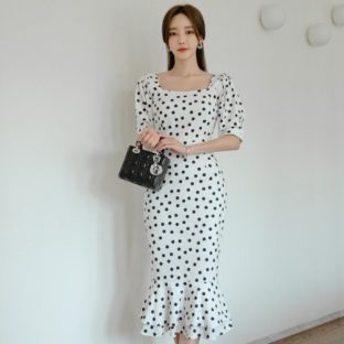 ワンピース ドット 水玉 マーメイドフレア タイト お出掛け