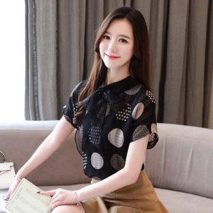 シャツ ブラウス シフォン リボンタイ フレンチ袖 2色