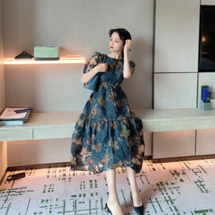 花柄 フラワー 半袖 フレアワンピース ロング