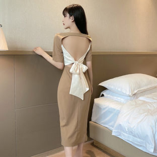 ワンピース 半袖 マキシ丈 バック 配色 リボン