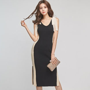 ショルダーリボン ノースリーブ ツートンカラー ワンピース