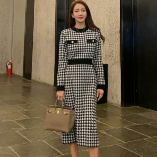 ワンピース ニット ハウンドトゥース 金ボタン ウエストマーク