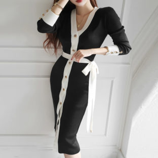 ワンピース ニット ミディ丈 バイカラー リボンベルト タイト