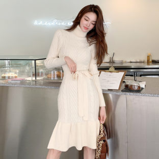 ワンピース ケーブルニット 切替フレア ミディ 大人かわいい