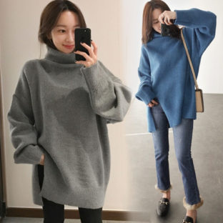 ニット セーター ゆったり スリット タートル 小顔 カジュアル　3色