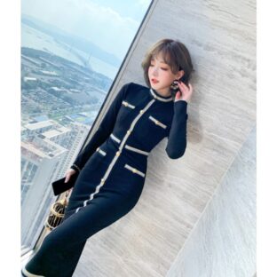 スタンドカラーでさらに上品♪ ライン タイト ワンピース