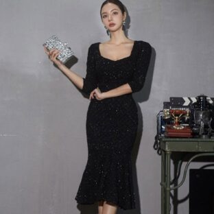 ドレス ワンピース ラメ エレガント 五分袖 マーメイドフレア