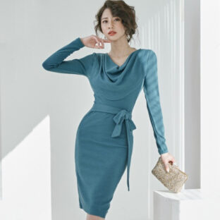 ワンピース 長袖 ドレープ リボンウエスト タイト カジュアル