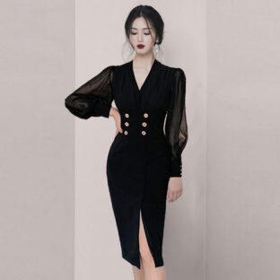 ワンピース タイト ウエストマーク シースルー袖