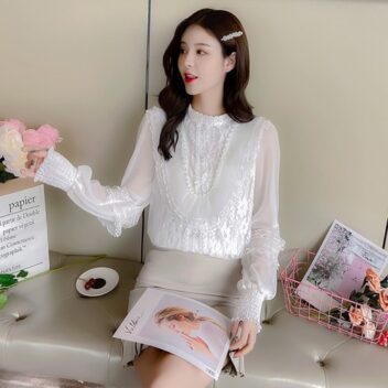 トップス シフォン 刺繍 レース パール付 ブラウス