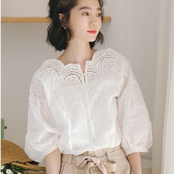 シャツ ブラウス レース 透かし彫り 7分袖 スカラップ ボタン