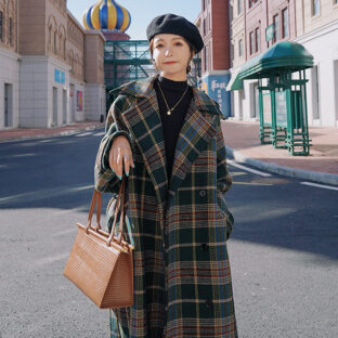 ロングコート チェック レトロ感 ラグランスリーブ ベルト付き