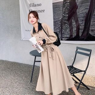 フレンチレトロウエストドレス　ハイエンドスリムシャツロングスカート