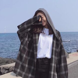 長袖フード付きチェック柄ジャケット