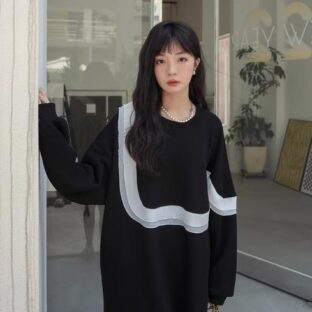 エレガントブレイクフレンチブラックスウェットシャツドレス