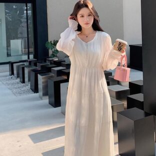 プリーツドレス　ミッドレングスハイエンドフレンチスタイル長袖スーパーフェアリースカート