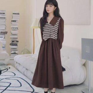 レトロチェック柄スプライシングフェイクツーピースドレス